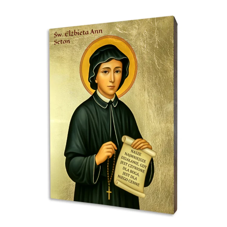 Ikona św. Elżbiety Ann Seton na desce lipowej z różańcem, zwojem i złoconym tłem