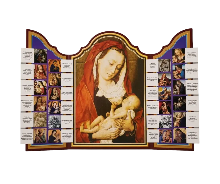 Otwarty kalendarz adwentowy w formie tryptyku z Madonną karmiącą Dzieciątko i 24 polami na skrzydłach