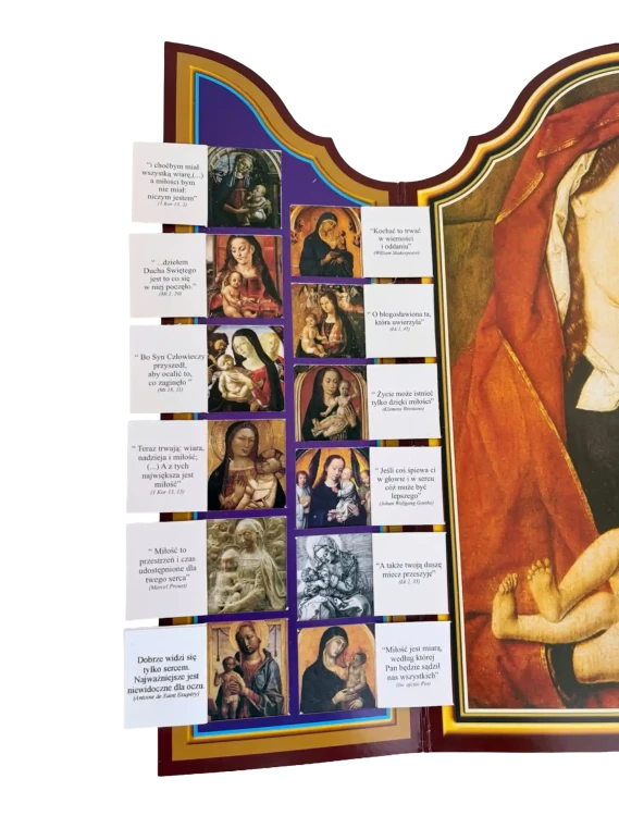Zbliżenie skrzydła kalendarza adwentowego z wizerunkami Maryi z Dzieciątkiem i cytatami