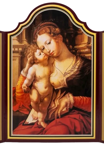 Kalendarz adwentowy Madonna z Dzieciątkiem wersja I z reprodukcją obrazu Jana Gossaerta w czerwonej i złotej oprawie
