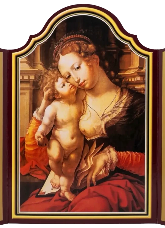 Kalendarz adwentowy Madonna z Dzieciątkiem wersja I z reprodukcją obrazu Jana Gossaerta w czerwonej i złotej oprawie