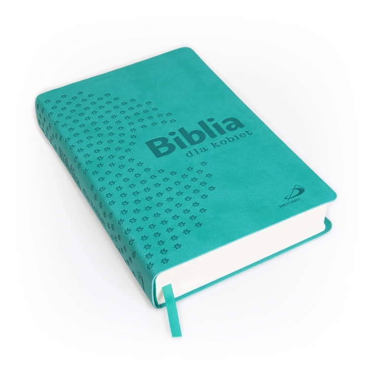 Biblia dla kobiet w turkusowej oprawie z tłoczonymi kwiatami i paginatorami