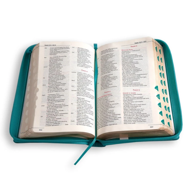 Biblia dla kobiet - suwak, paginator, złocone brzegi kartek, turkusowa