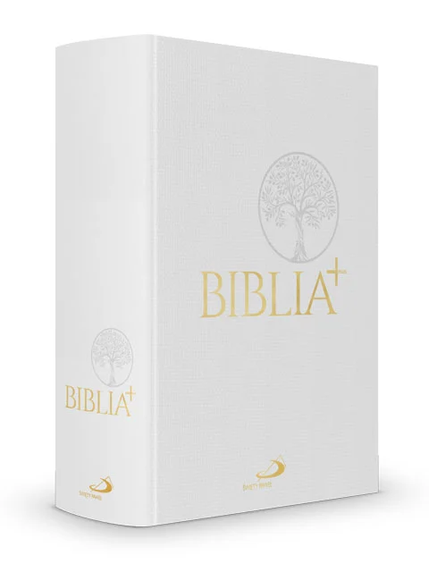 Biblia Plus biała w płóciennej oprawie – okładka i grzbiet