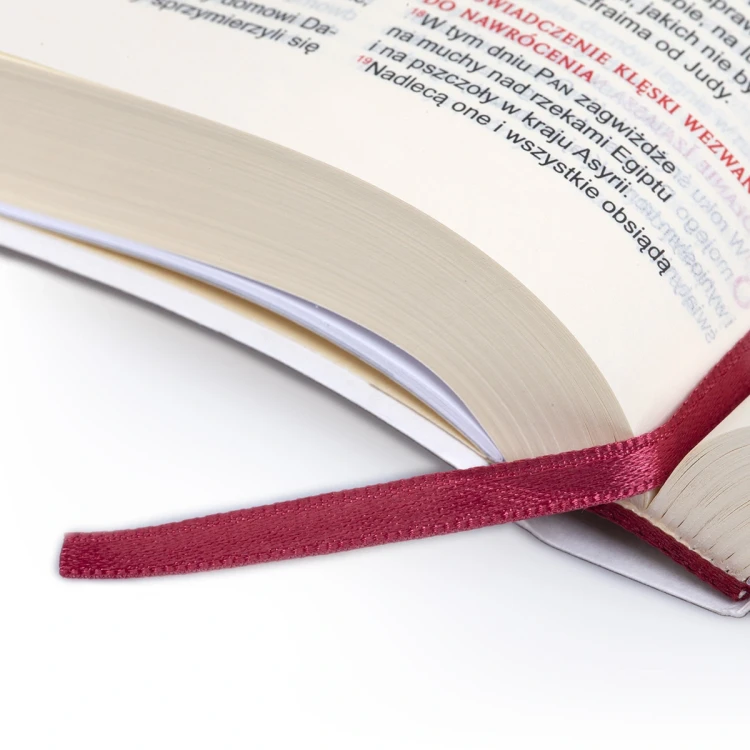 Biblia z rybką – zbliżenie stron i bordowej zakładki