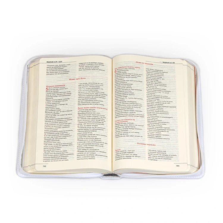 Otwarta biała Biblia z rybką – tekst biblijny i przypisy