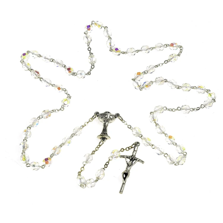 Różaniec kryształowy, opalizujący. Na Pierwszą Komunię Świętą.