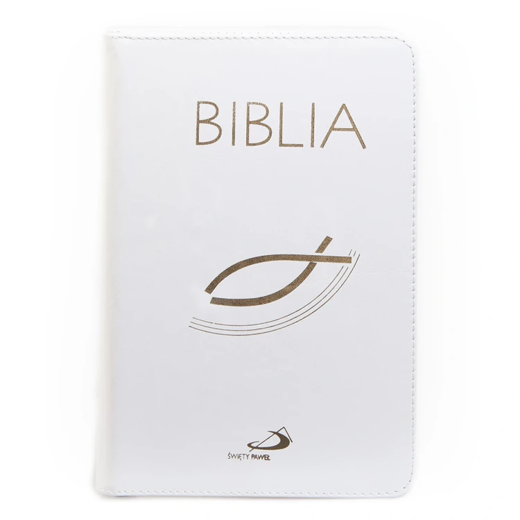 Biała Biblia z rybką – przednia okładka ze złoconym symbolem