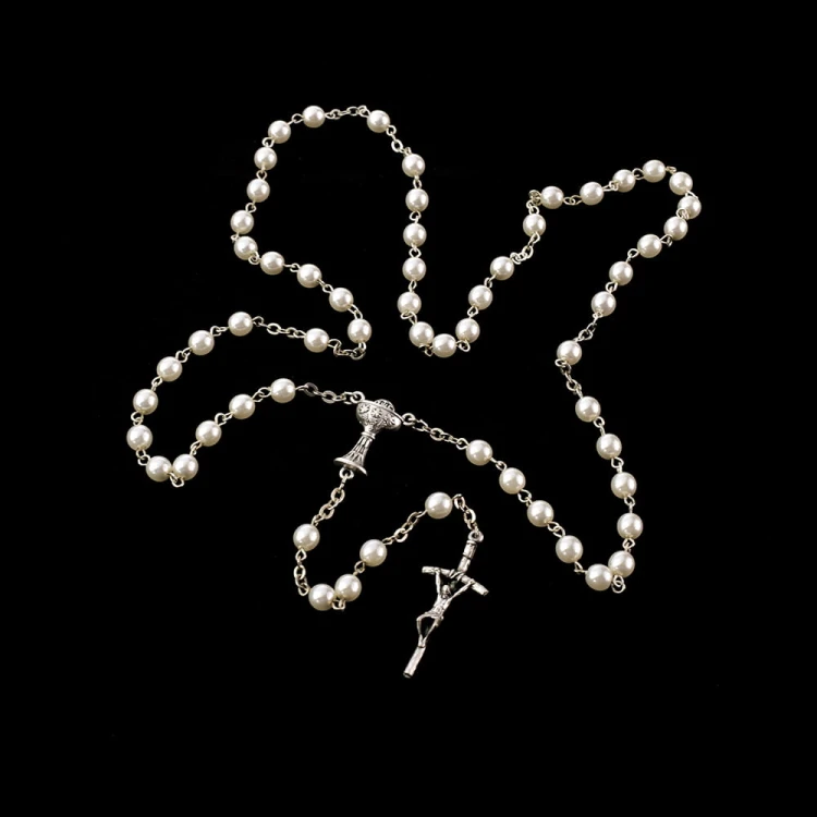 Różaniec szklany, perłowy 5 mm. Do Pierwszej Komunii Świętej