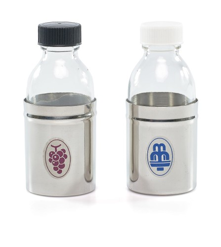 Para buteleczek 125 ml w srebrzystych metalowych osłonach z symbolami wody i winogron