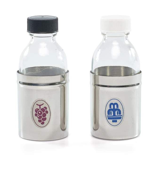 Para buteleczek 125 ml w srebrzystych metalowych osłonach z symbolami wody i winogron