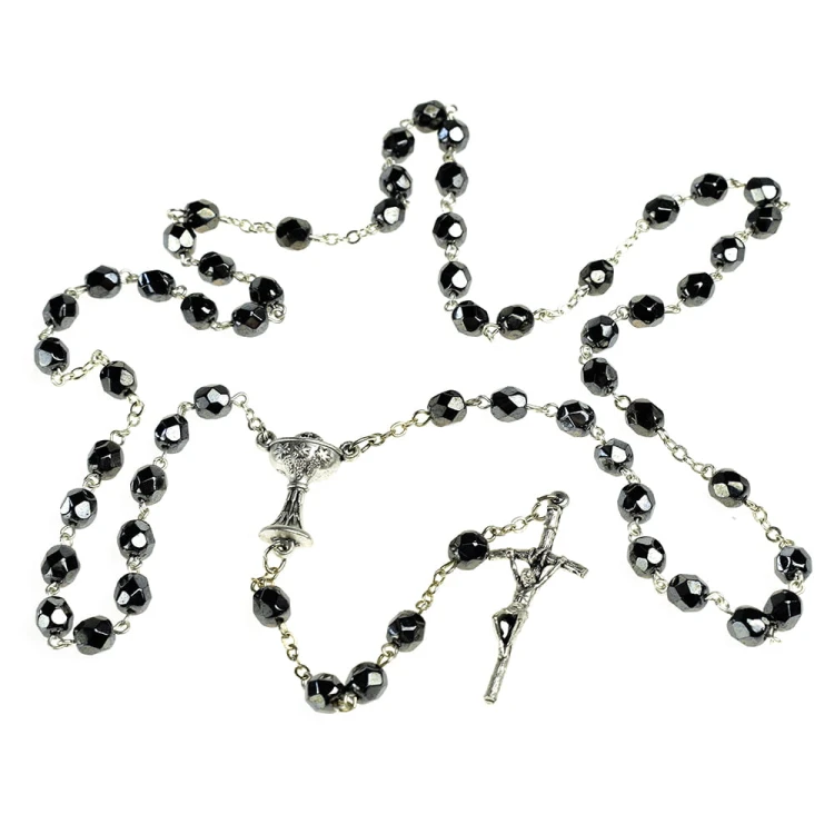 Różaniec hematytowy 6 mm. Na Pierwszą Komunię Świętą.