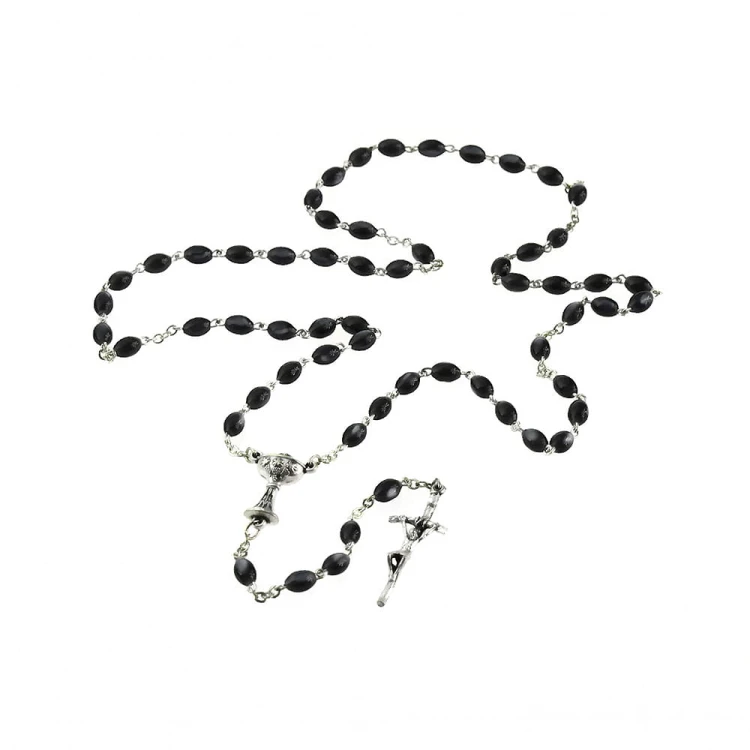Różaniec szklany Madre Perla, hematyt owal. Na Pierwszą Komunię Świętą