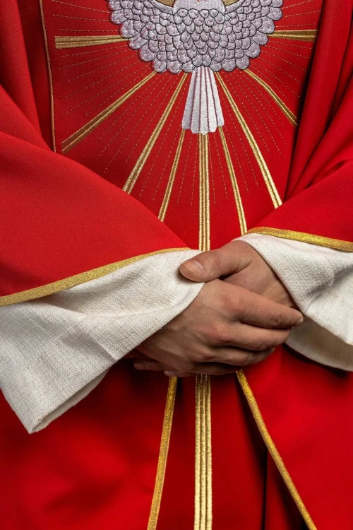 Złota lamówka i tkanina czerwonego ornatu