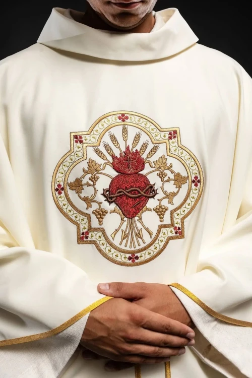 Serce Jezusowe w złotym medalionie – szczegóły haftu