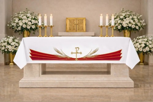 Biały obrus ołtarzowy PAX z kłosami i czerwonymi pasami – widok całości