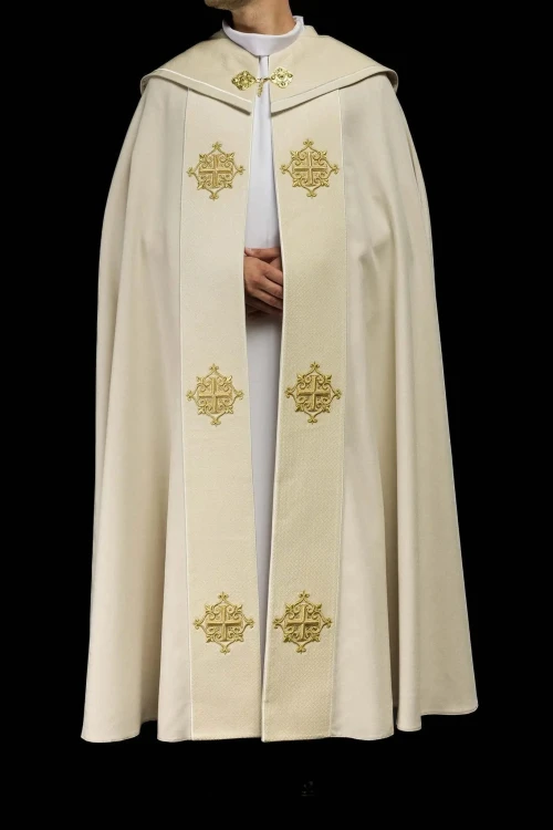 Kapa liturgiczna ecru z aksamitnym pasem i krzyżem – widok z tyłu