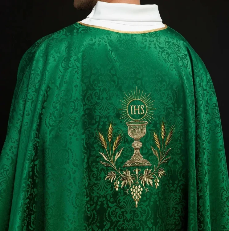 Ornat zielony żakardowy z haftem kielicha i Hostii – zdjęcie 6