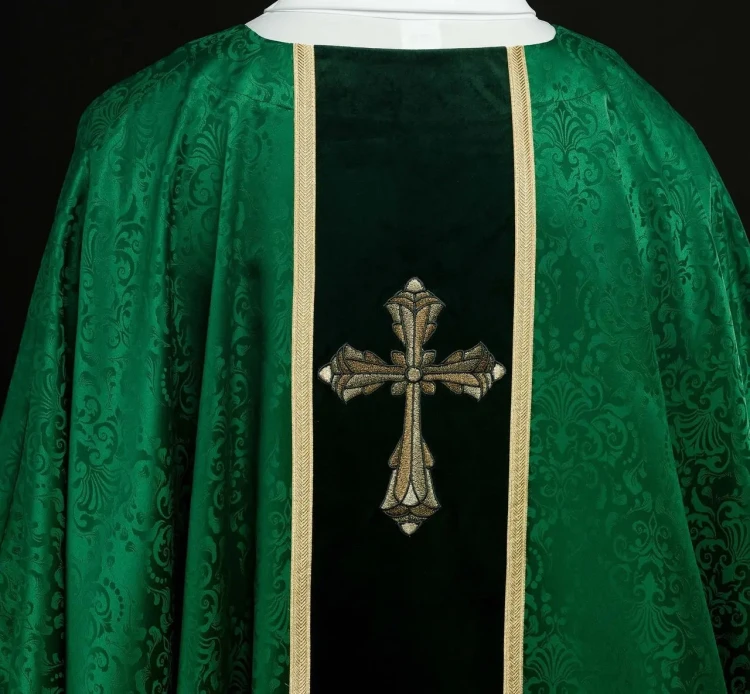 Ornat zielony żakardowy z haftowanym pasem i krzyżem – zdjęcie 7
