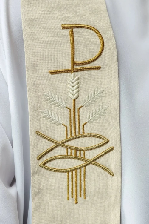 Stuła kapłańska ecru z haftem PAX, kłosami i rybą – zdjęcie 3