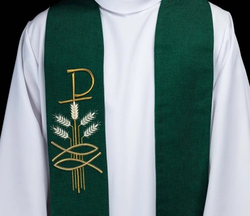 Stuła kapłańska zielona z haftem PAX, kłosami i rybą – zdjęcie 2