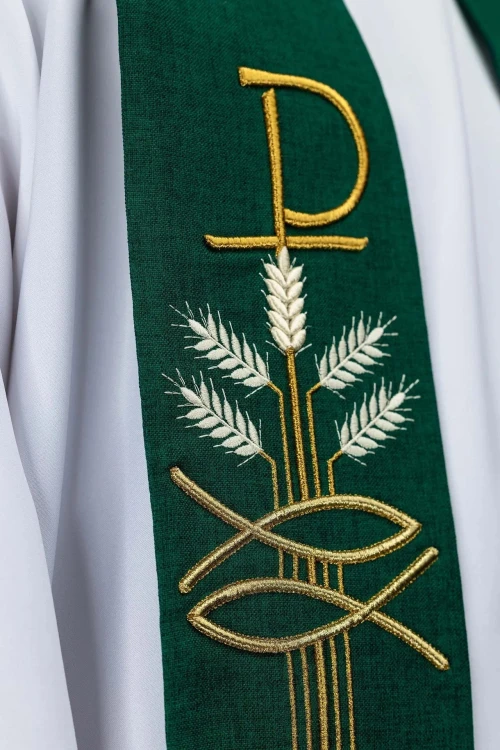 Stuła kapłańska zielona z haftem PAX, kłosami i rybą – zdjęcie 3