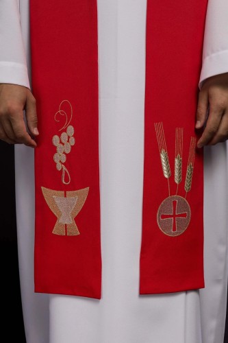 Stuła kapłańska czerwona z haftem eucharystycznym