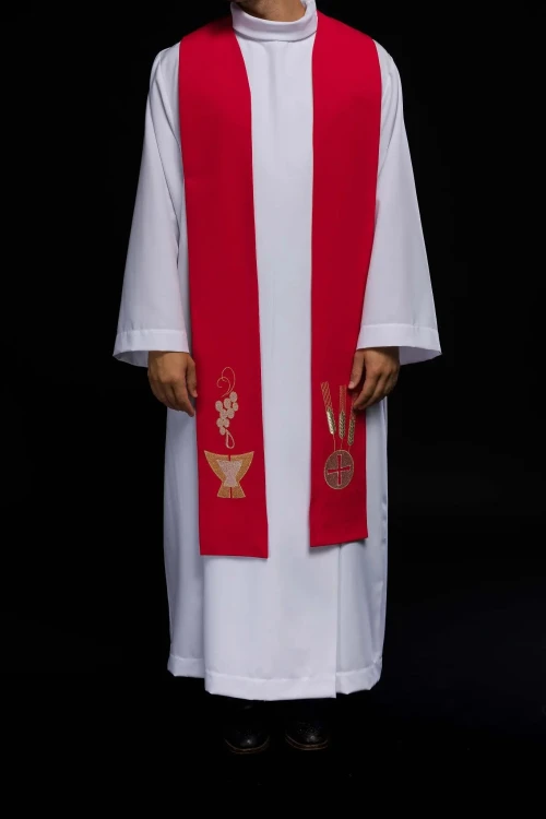 Stuła kapłańska czerwona z haftem eucharystycznym – detal 4
