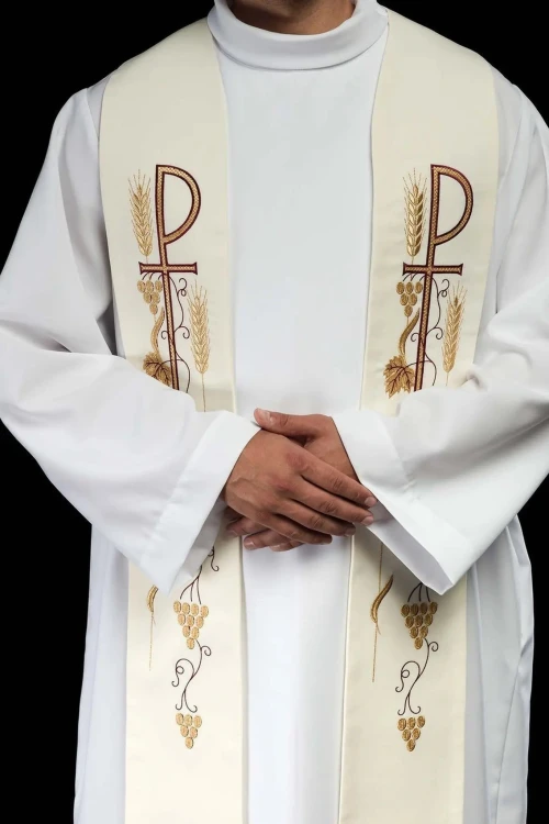 Stuła kapłańska ecru z haftem krzyża – detal 6