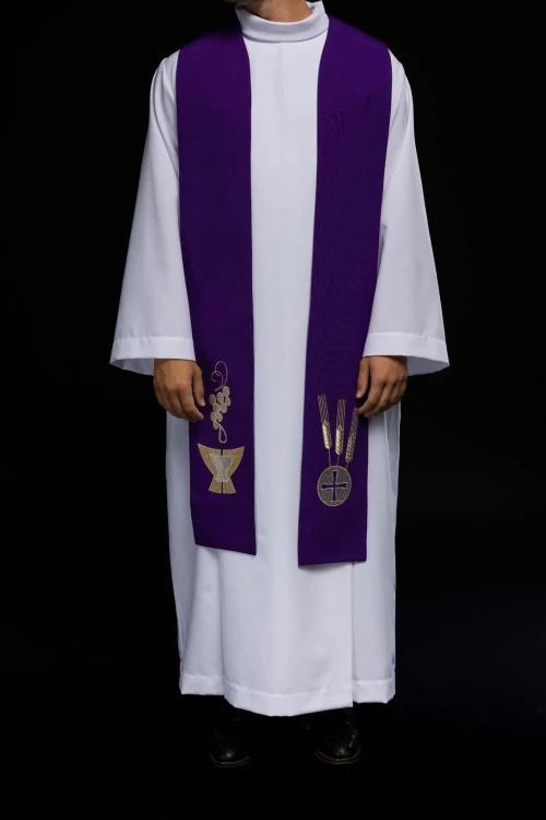 Stuła kapłańska fioletowa z haftem eucharystycznym