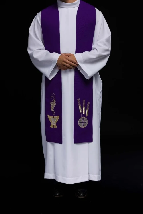 Stuła kapłańska fioletowa z haftem eucharystycznym – detal 5