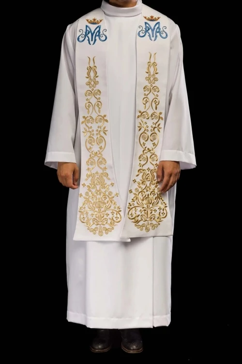 Stuła liturgiczna biała z haftem maryjnym