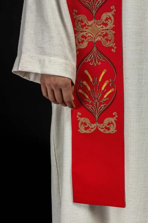 Stuła liturgiczna czerwona z haftem IHS – detal 4