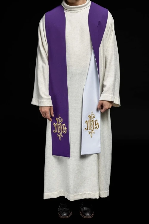 Stuła liturgiczna dwustronna fioletowo-biała z haftem IHS