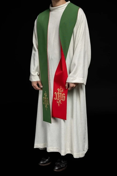 Stuła liturgiczna dwustronna zielono-czerwona z haftem IHS – detal 6