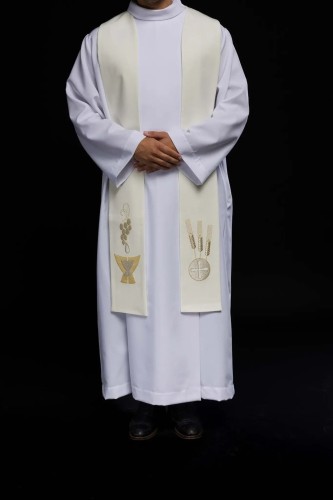 Stuła liturgiczna ecru z haftem eucharystycznym