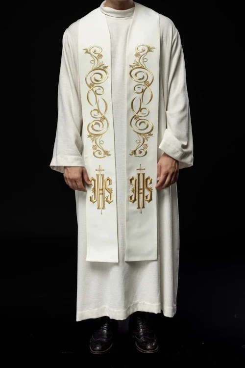Stuła liturgiczna ecru z haftem IHS