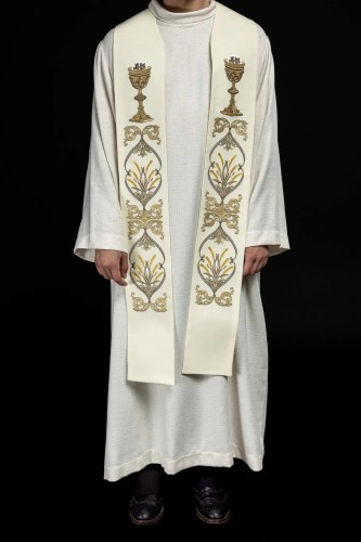 Stuła liturgiczna ecru z haftem IHS