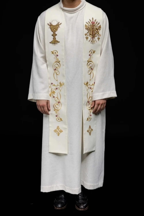 Stuła liturgiczna ecru z haftem IHS