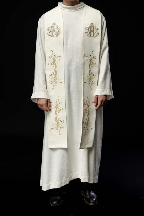 Stuła liturgiczna ecru z haftem IHS