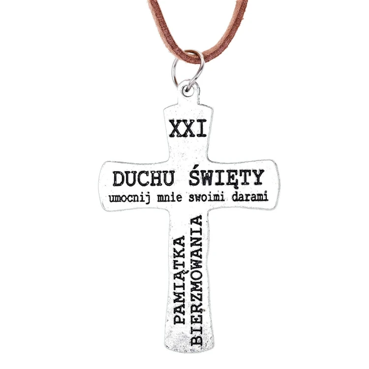 Krzyż do bierzmowania niklowany z wizerunkiem św. Trójcy, rewers