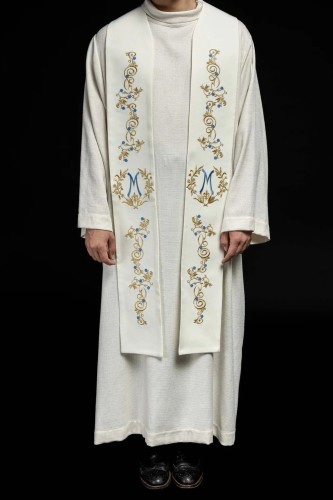 Stuła liturgiczna ecru z haftem maryjnym