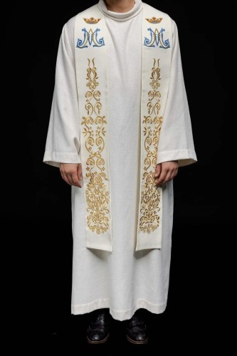 Stuła liturgiczna ecru z haftem maryjnym