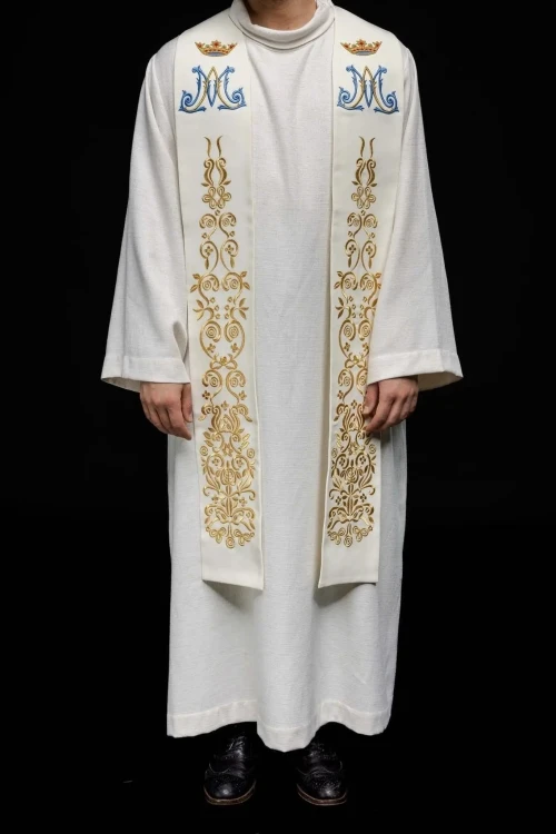 Stuła liturgiczna ecru z haftem maryjnym