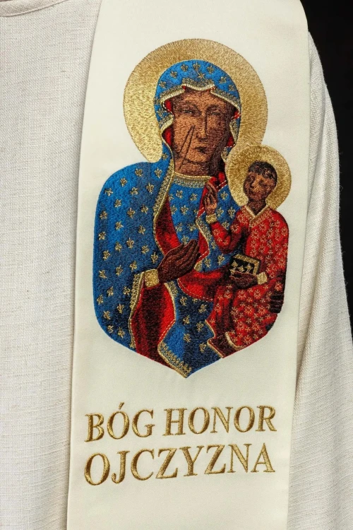 Stuła liturgiczna ecru z haftem maryjnym – detal 4