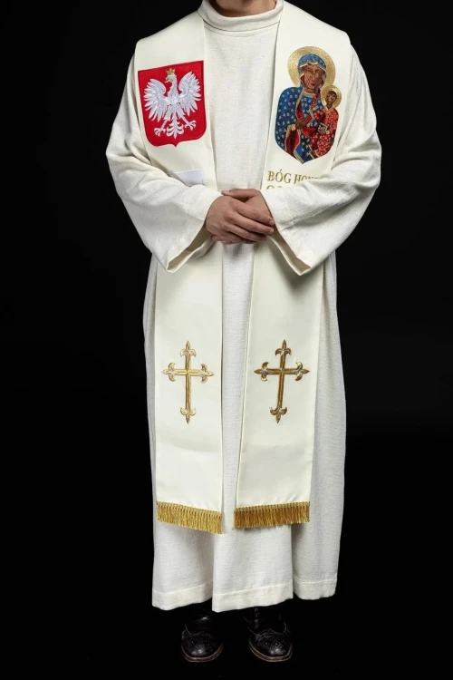 Stuła liturgiczna ecru z haftem maryjnym – detal 7