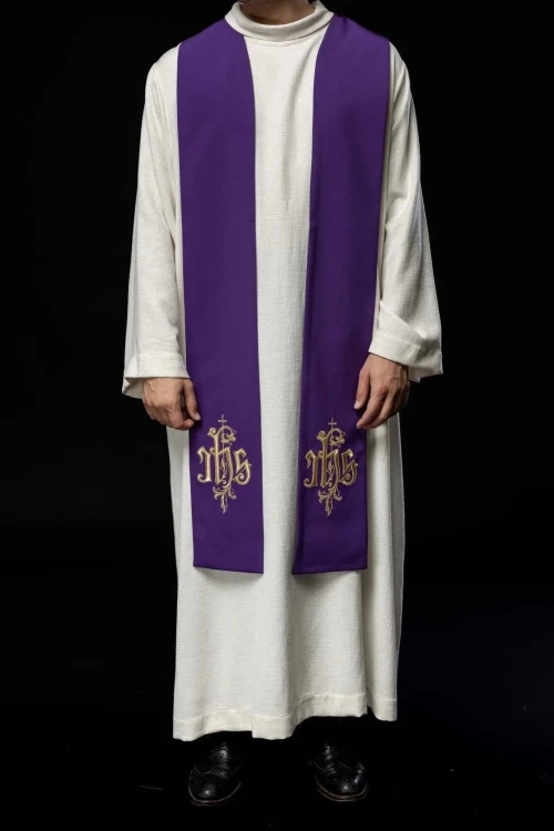 Stuła liturgiczna fioletowa z haftem IHS