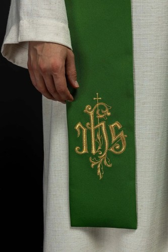 Stuła liturgiczna zielona z haftem IHS