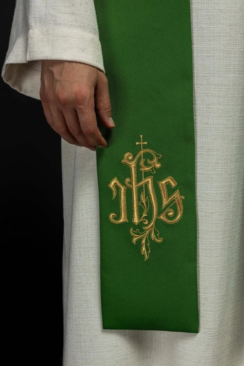 Stuła liturgiczna zielona z haftem IHS