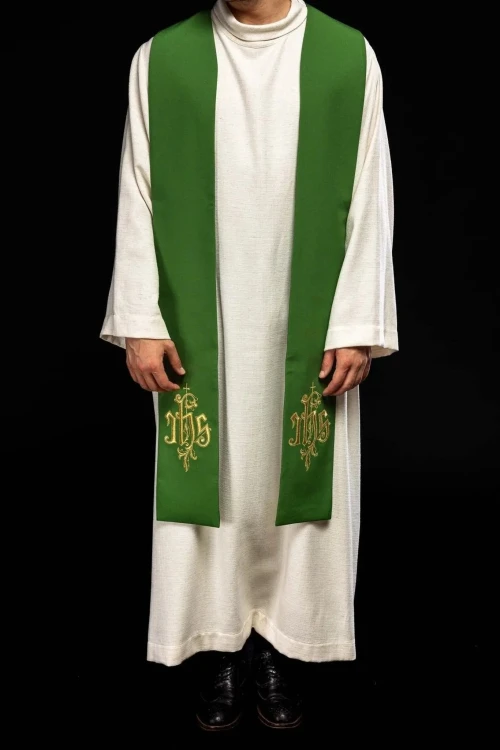 Stuła liturgiczna zielona z haftem IHS